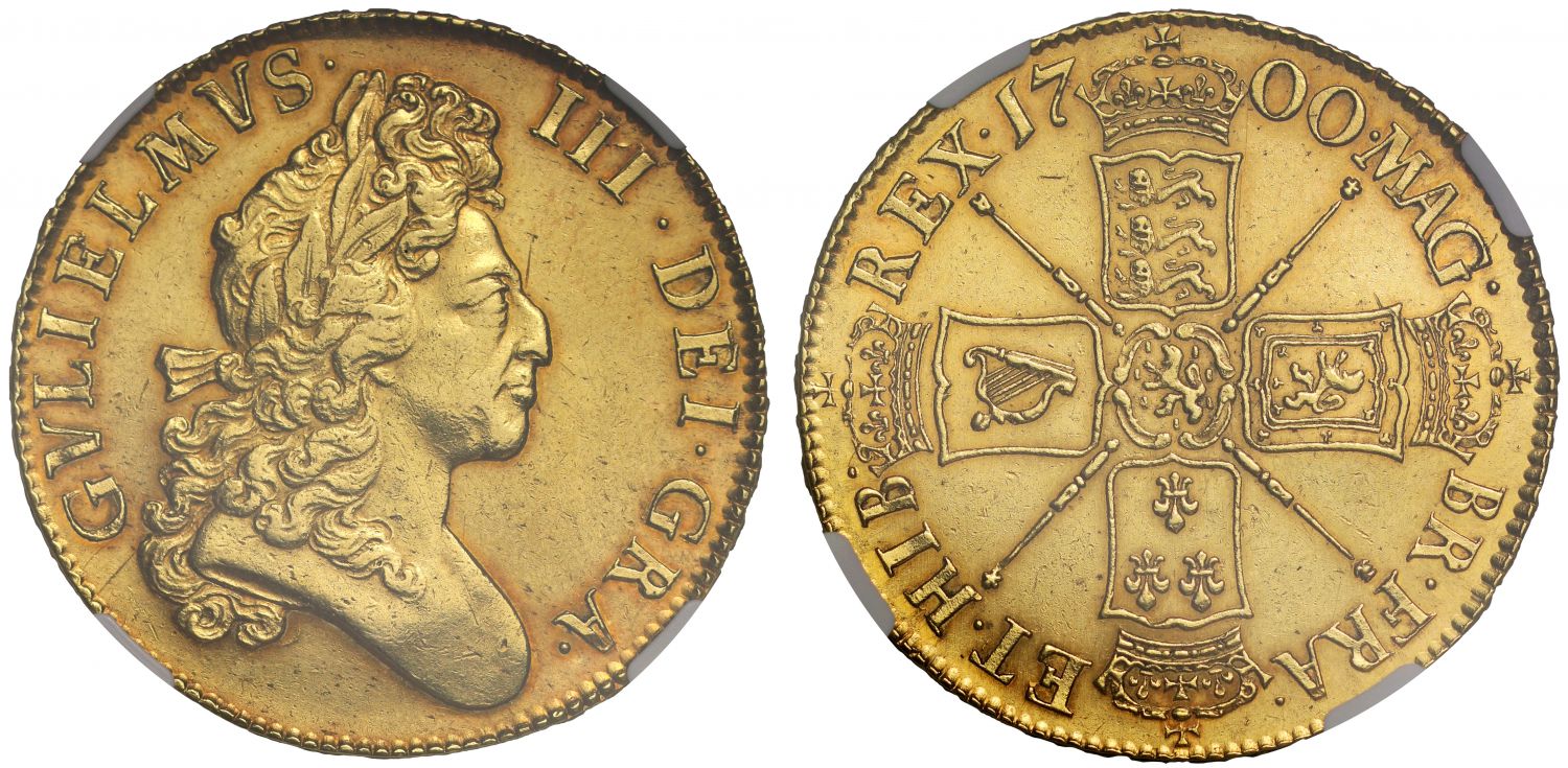 William III 1700 Five-Guineas, rarest date for denomination in reign, AU58