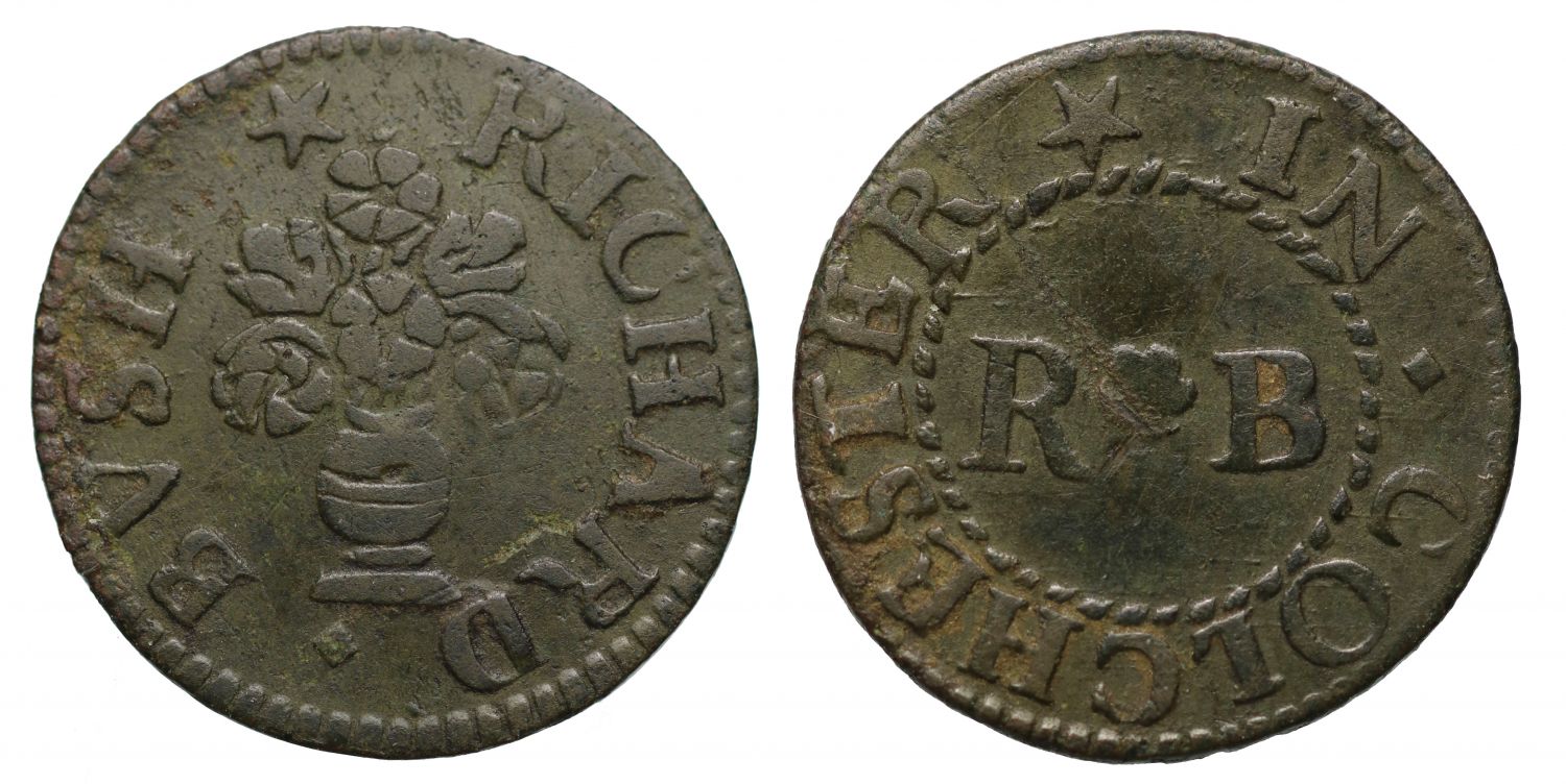17th century Token, Colchester Farthing, Richard Bush, vase of flowers