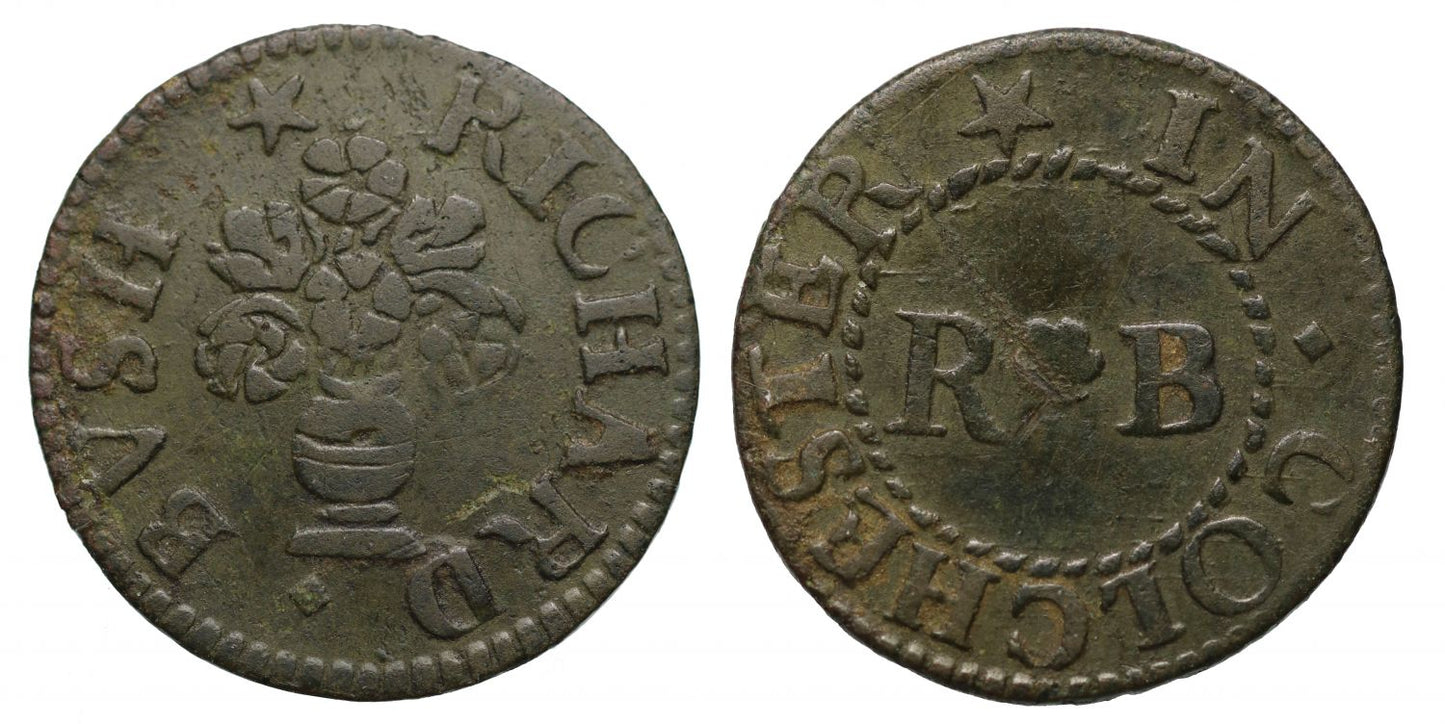 17th century Token, Colchester Farthing, Richard Bush, vase of flowers