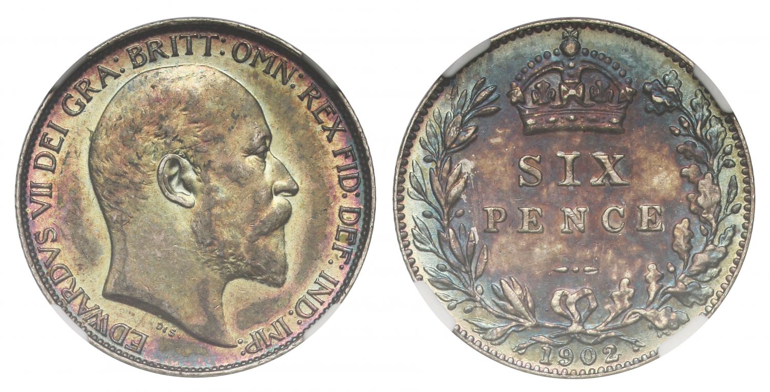 Edward VII 1902 Sixpence, graded AU58