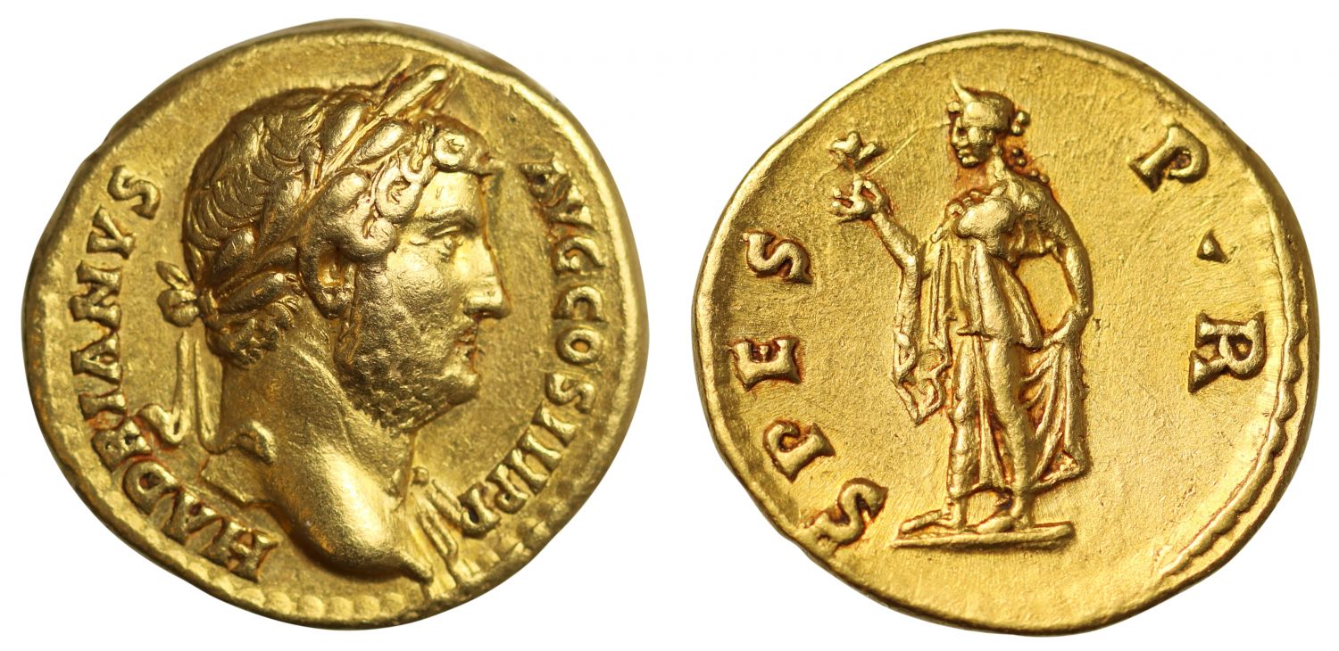 Hadrian, Gold Aureus, Choice XF, 5/5, 3/5.