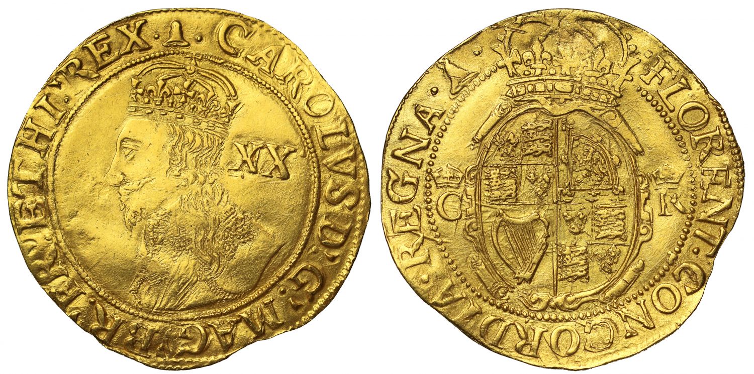 Charles I Unite, Tower mint, mintmark bell, group D, fourth bust