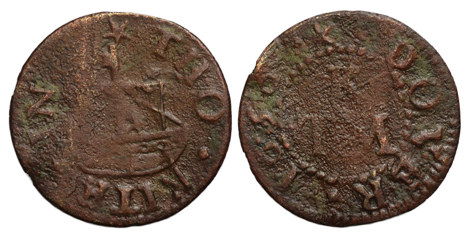 17th Century Kent Farthing, Dover, Thomas Kite, 1656, a rigged boat