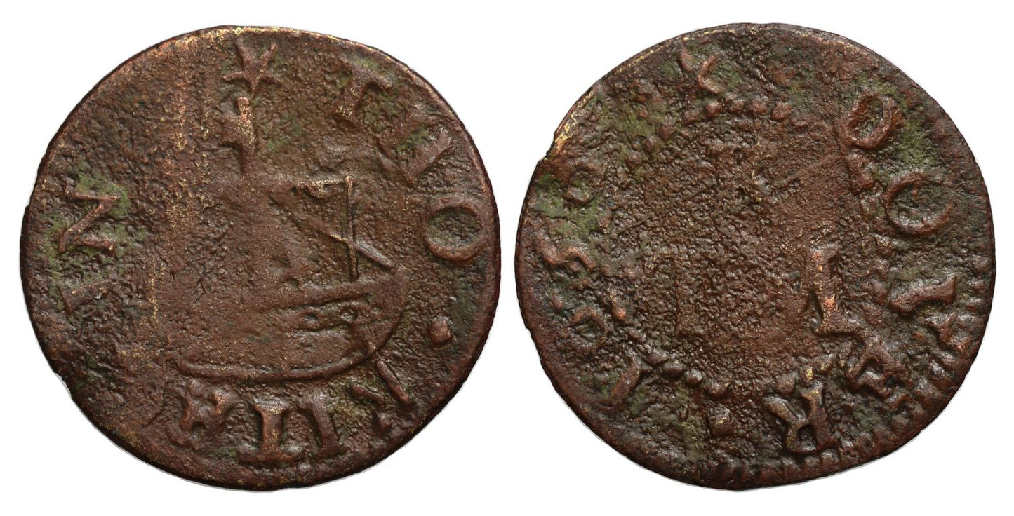 17th Century Kent Farthing, Dover, Thomas Kite, 1656, a rigged boat