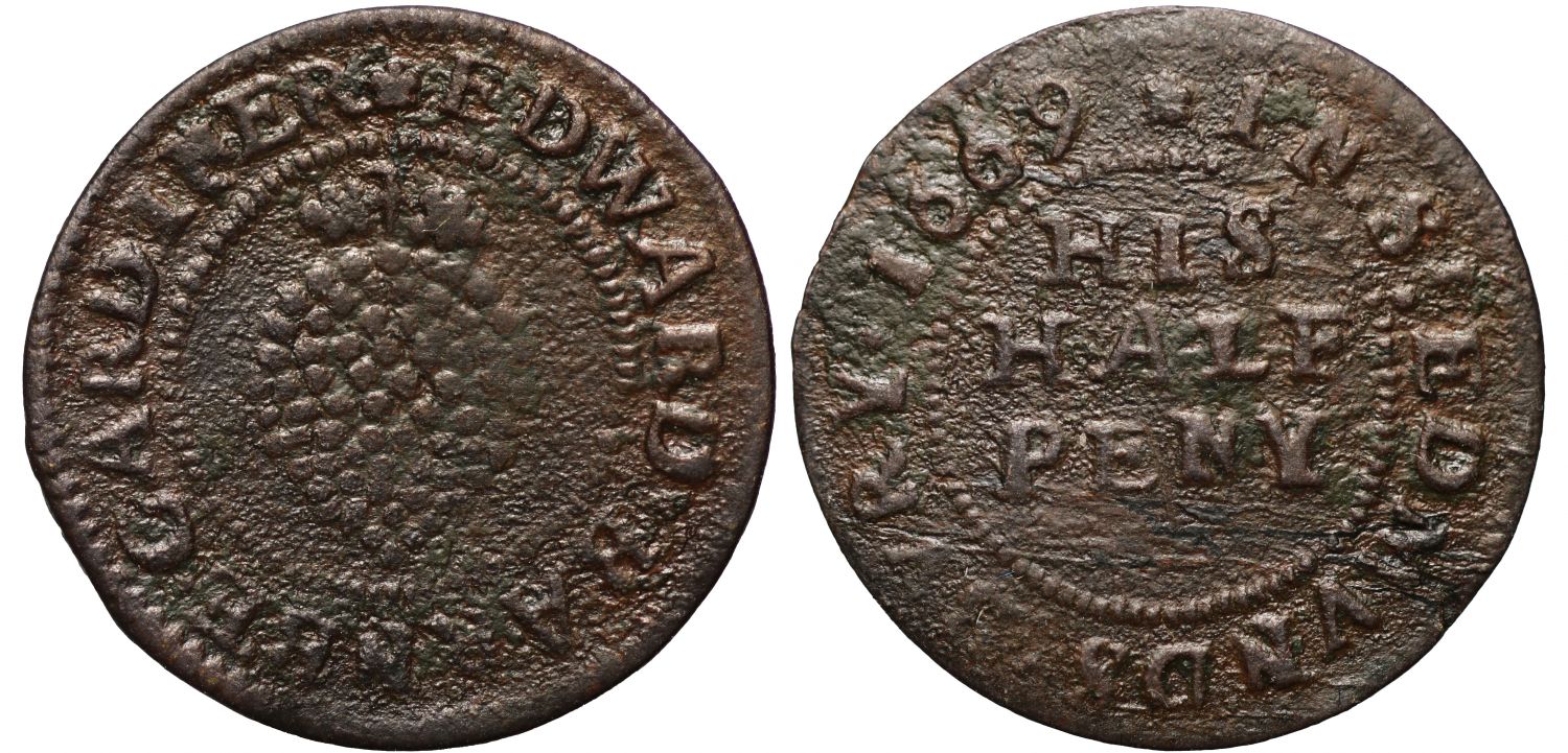 17th Century Suffolk Halfpenny, 1669, Edward Barnbe, gardener, bunch of grapes