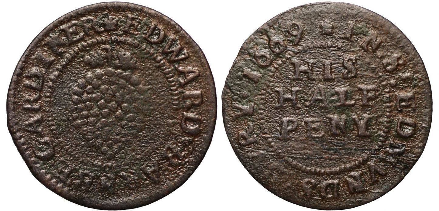 17th Century Suffolk Halfpenny, 1669, Edward Barnbe, gardener, bunch of grapes