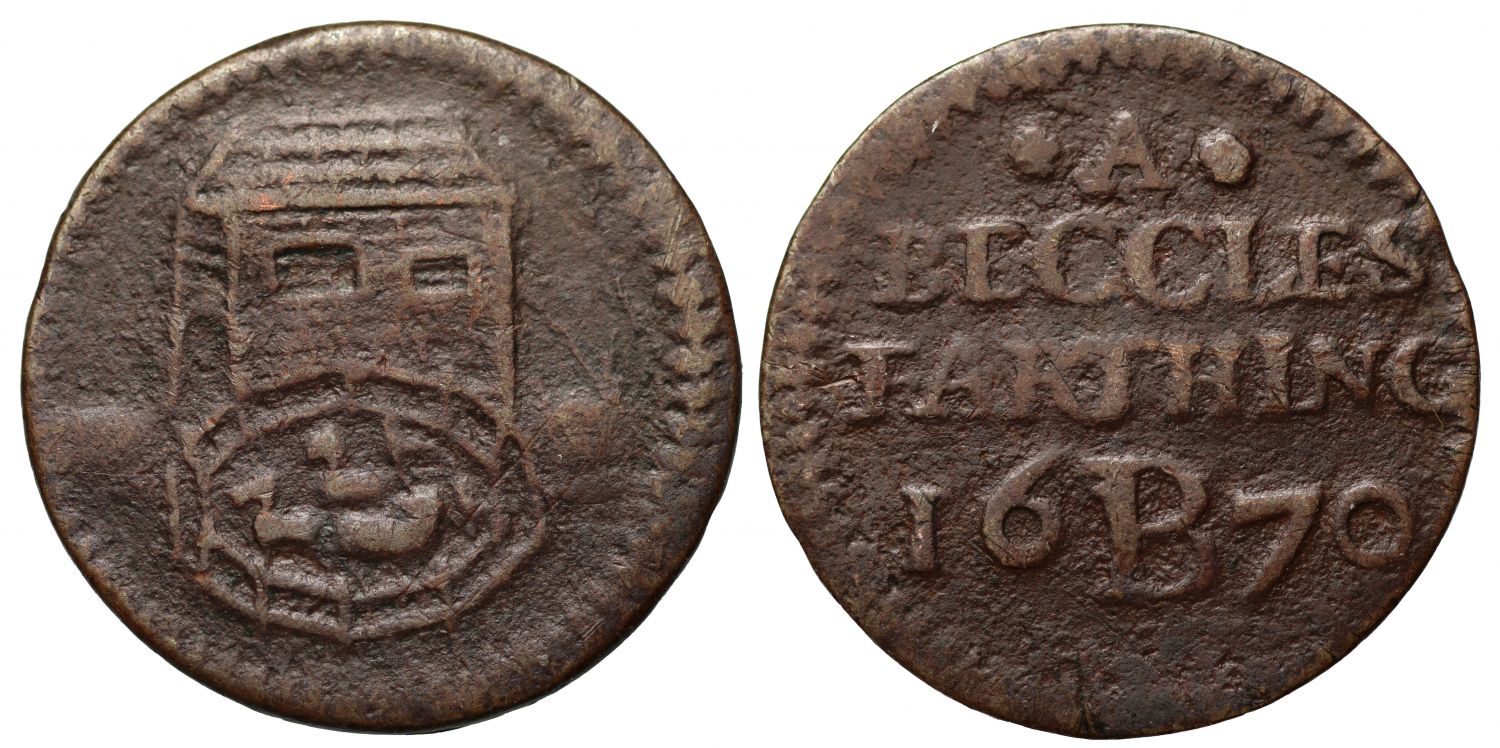 17th Century Suffolk Farthing, town of Beccles, 1670, sheep pen and house