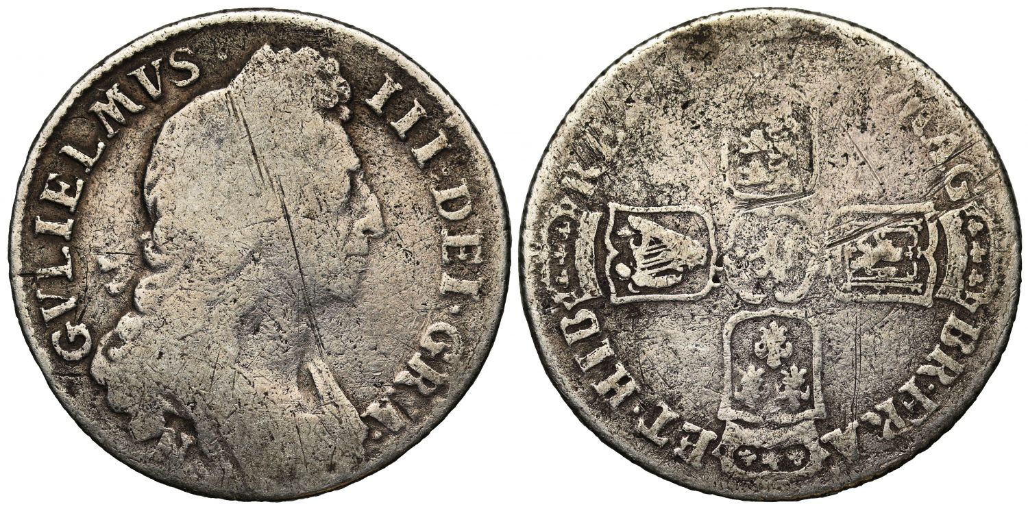 William III Norwich Shilling with Irish harp struck over three fleur de lis unknown!