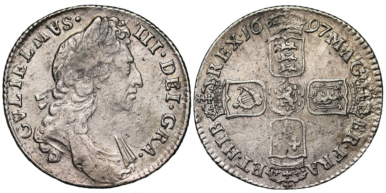 William III 1697 Shilling, first bust, inverted A for second V of Kings name R4