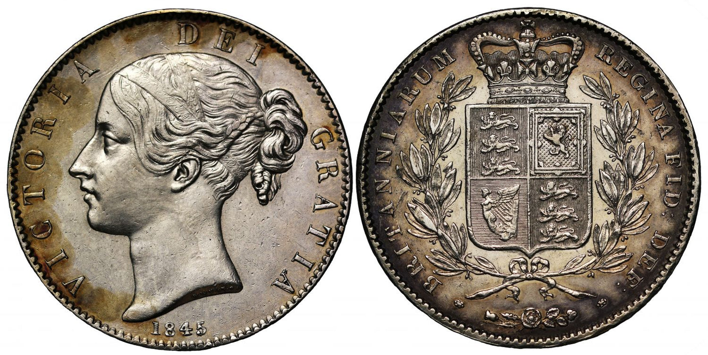 Victoria 1845 Crown, young head, edge year VIII, cinquefoil stops