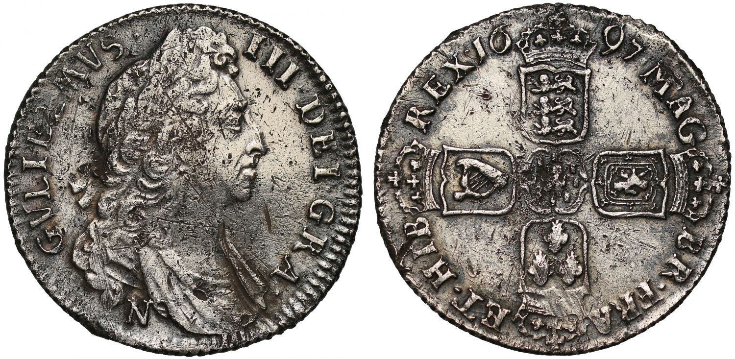 William III 1697 Shilling Norwich, small 7 in date, first bust