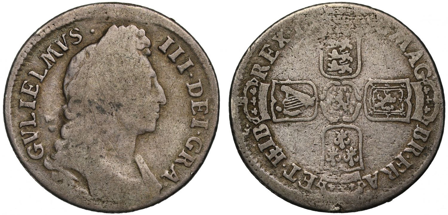 William III 1696 Shilling H of HIB unusually flawed and off-centre strike