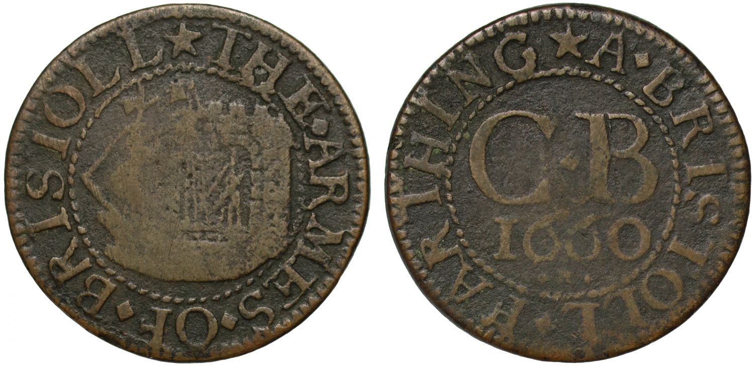 17th Century Gloucestershire Bristol City Farthing 1660 with R below, ship at port
