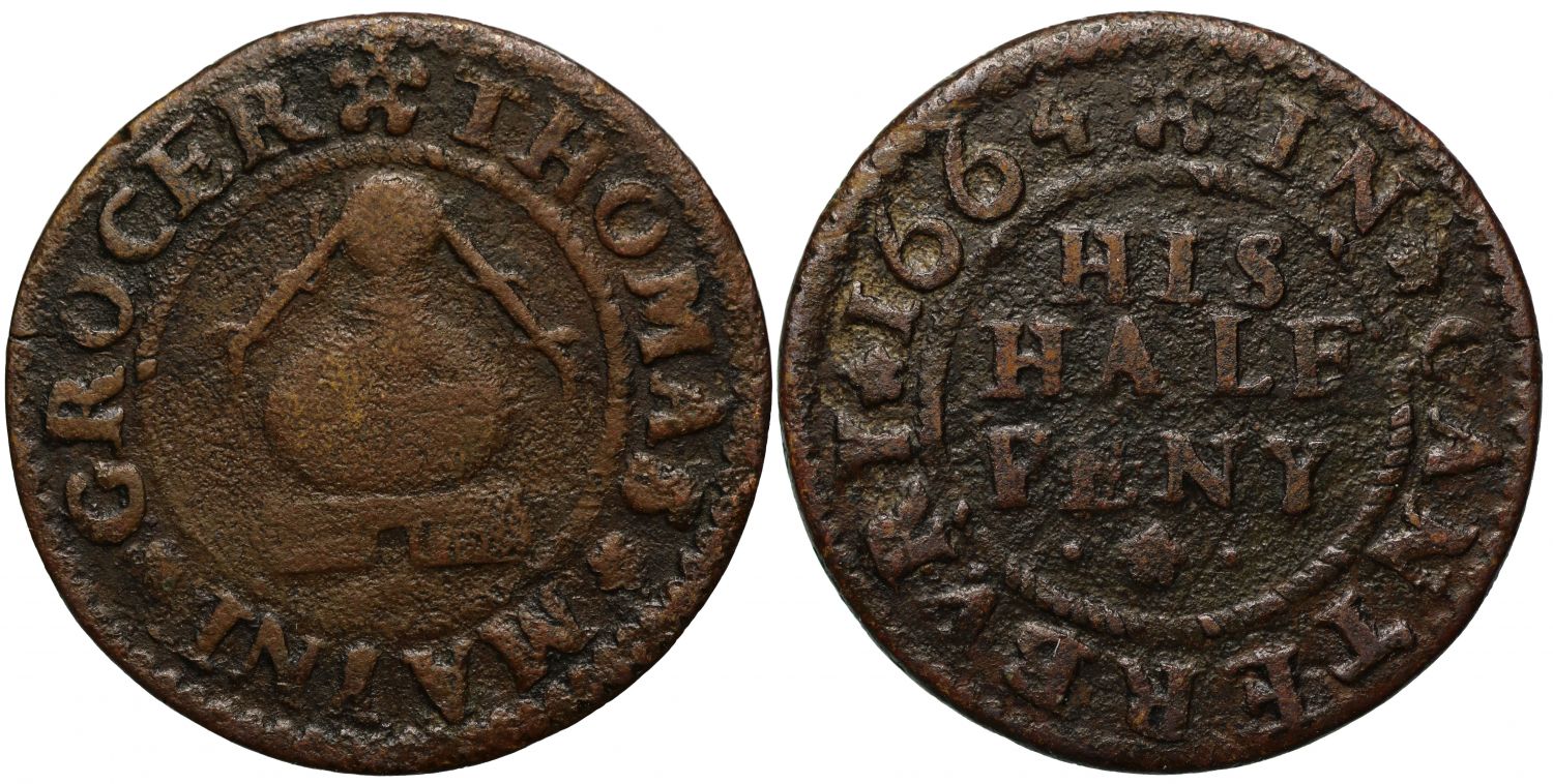 Kent Canterbury Thomas Mayne Halfpenny 1664, Grocer, a pot still