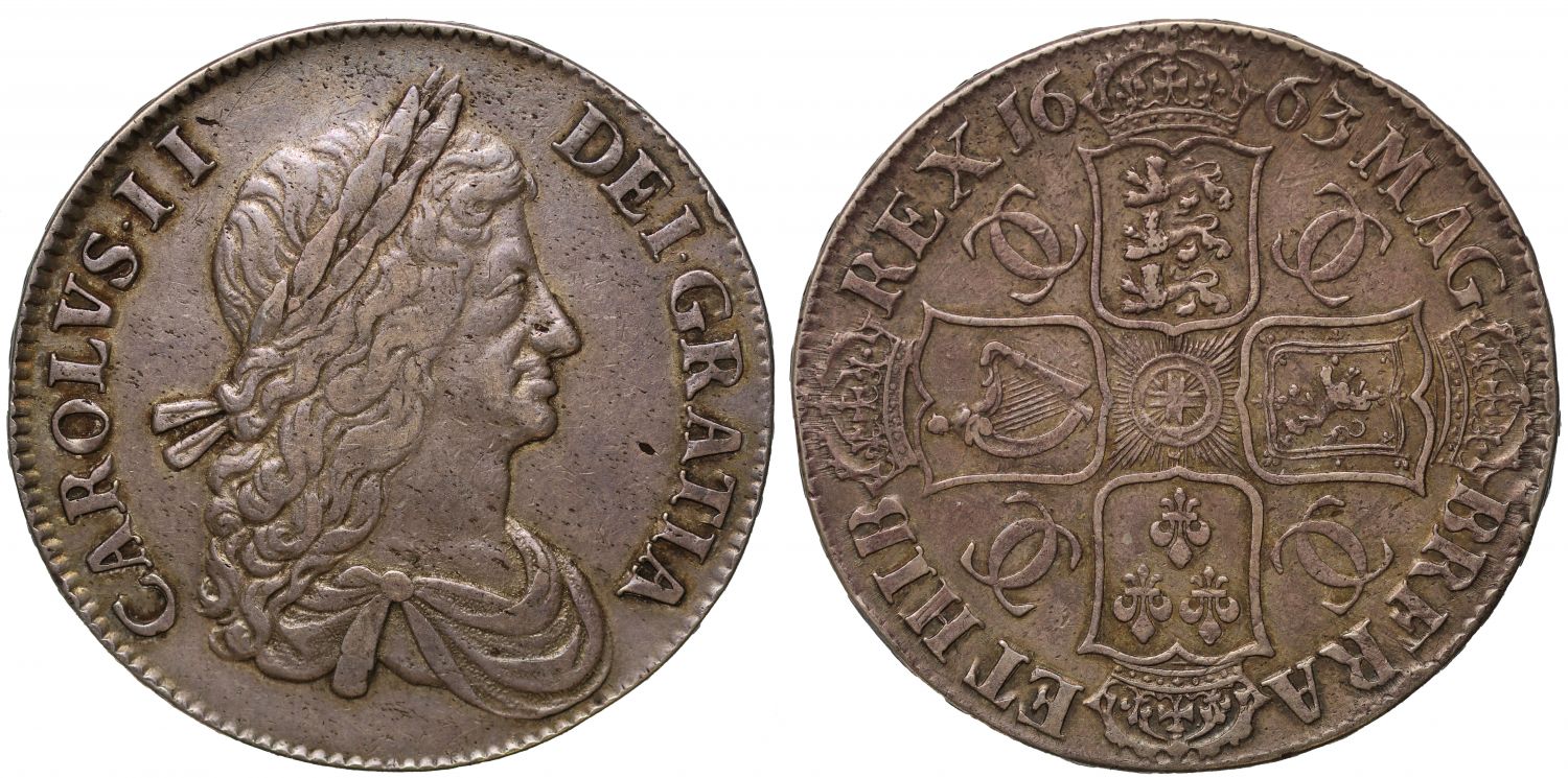 Charles II 1663 Crown, first bust no rose, frosted cloak, no stops on reverse, rare