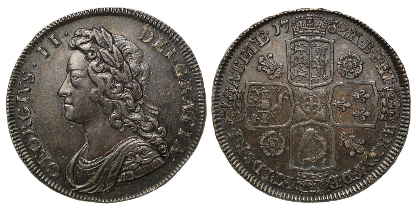 George II 1732 Halfcrown, young head, roses and plumes reverse