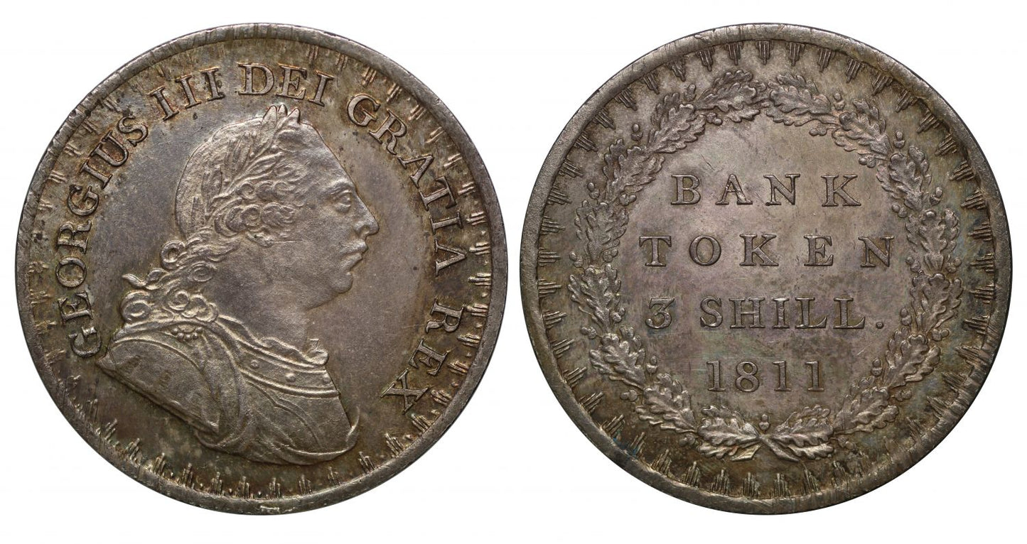 George III 1811 Three-Shillings, top leaf to end of E, with 26 acorn reverse