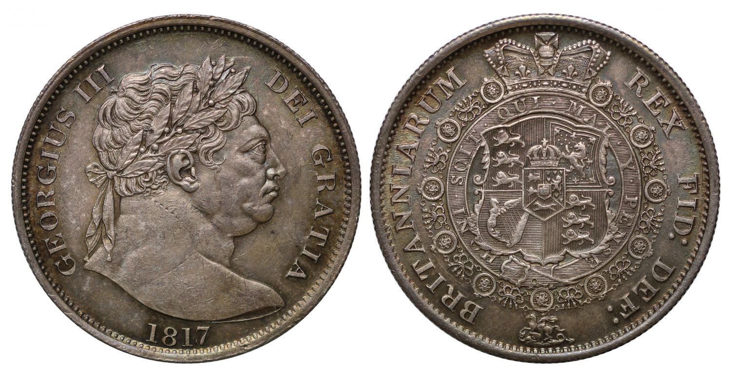 George III 1817 Halfcrown, first type, larger "bull" head, MS63