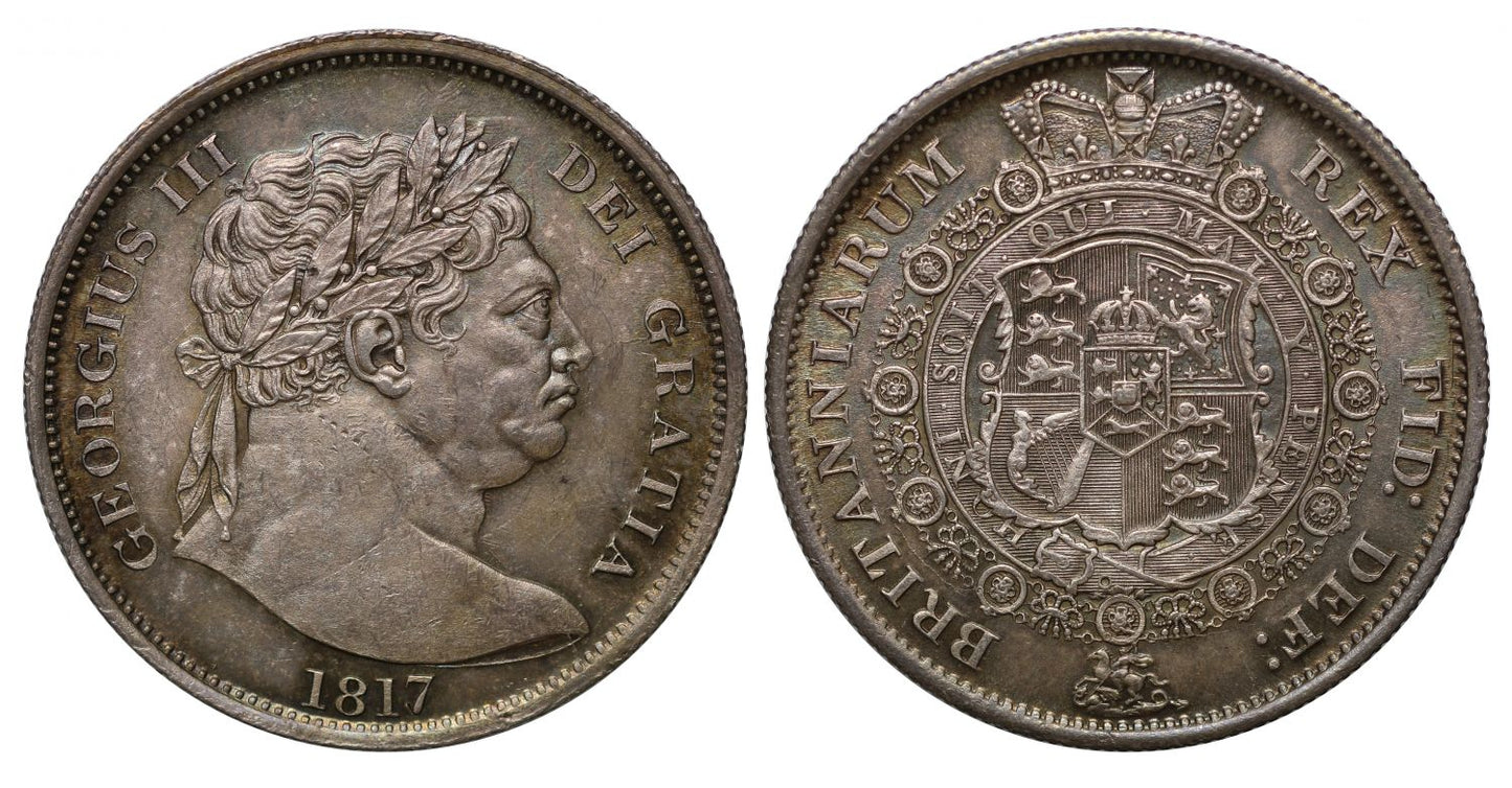 George III 1817 Halfcrown, first type, larger "bull" head, MS63
