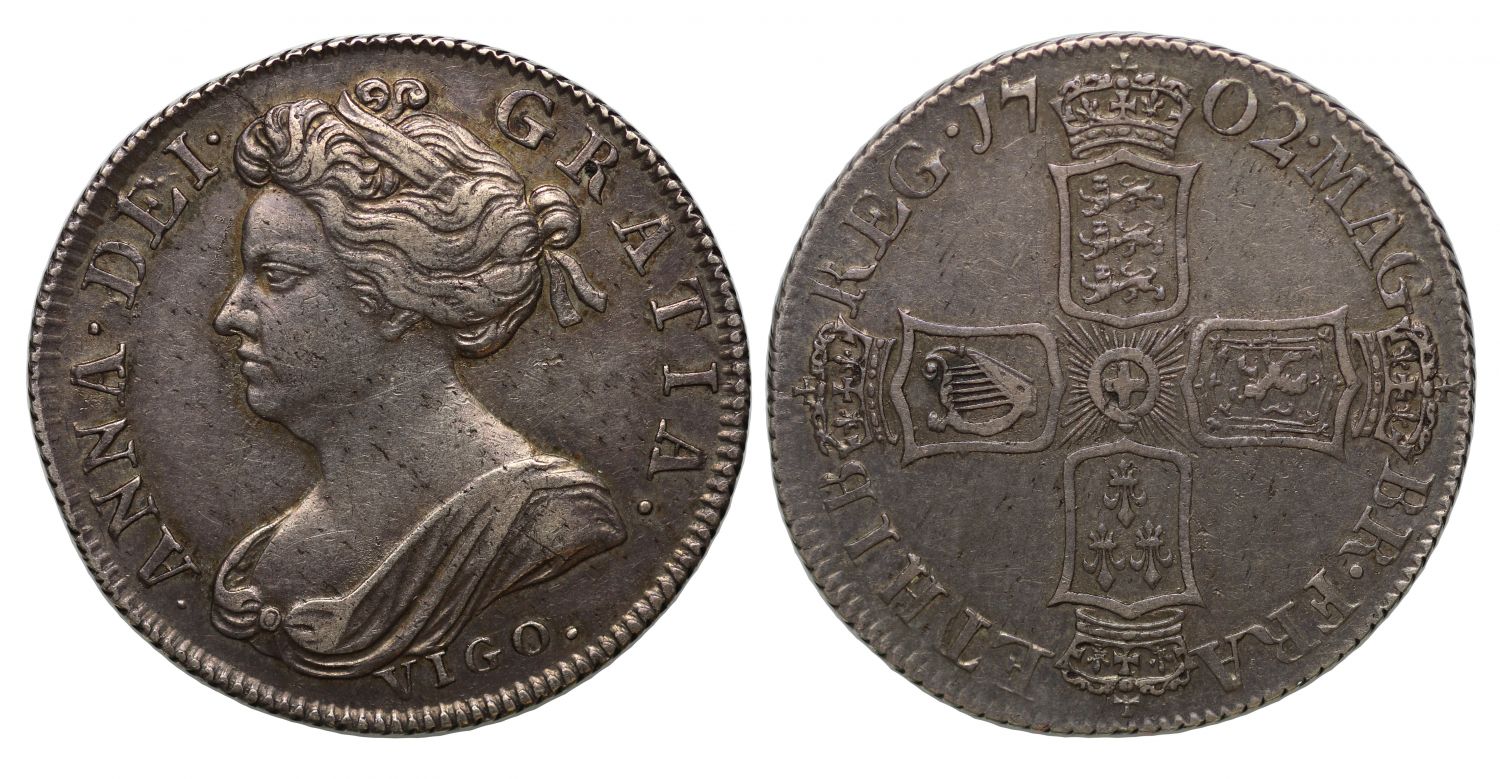 Anne 1702 VIGO Shilling, the first issue of silver struck from captured treasure