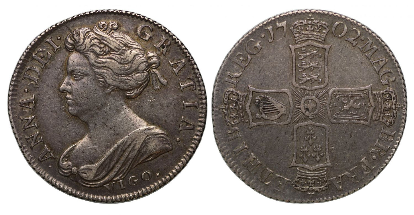 Anne 1702 VIGO Shilling, 1st issue of silver struck from captured treasure