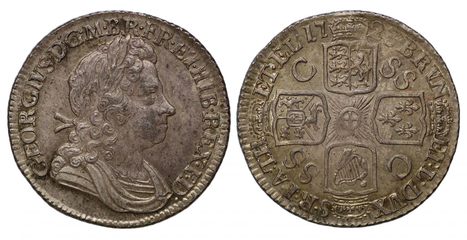 George I 1723 SSC Shilling, first bust, MS64