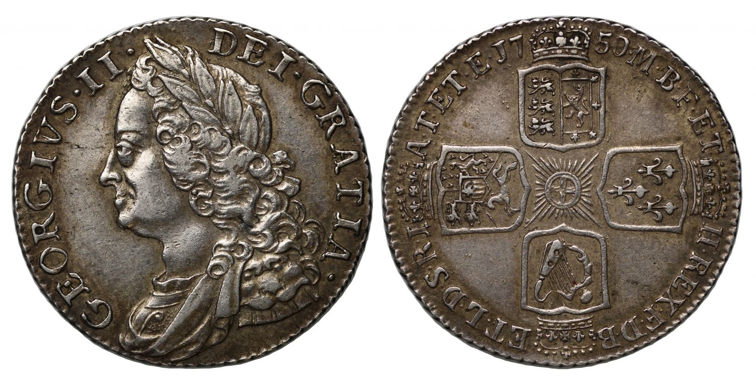 George II 1750 Shilling, thin 0 in date, old head