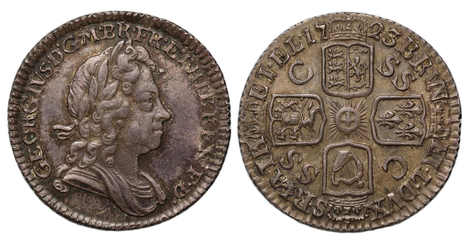 George I 1723 SSC Sixpence, smaller lettering on obverse
