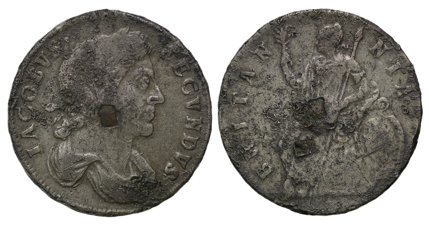 James II 1687 tin Halfpenny, dated on edge with intrinsic copper plug at centre
