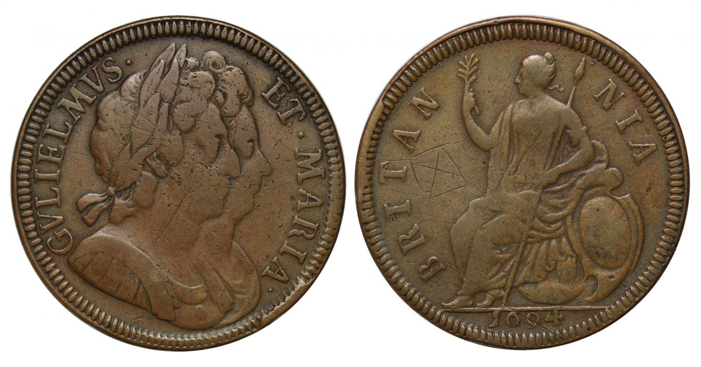 William and Mary 1694 proof Halfpenny on a broader flan