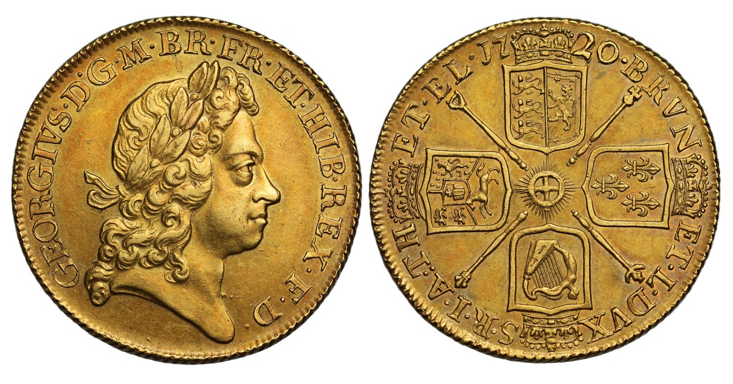 George I 1720 Two Guineas, 20 over 17 in date, AU58 attractively toned