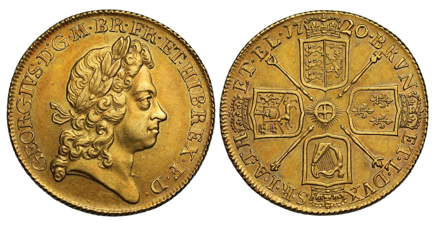 George I 1720 Two Guineas, 20 over 17 in date, AU58 attractively toned