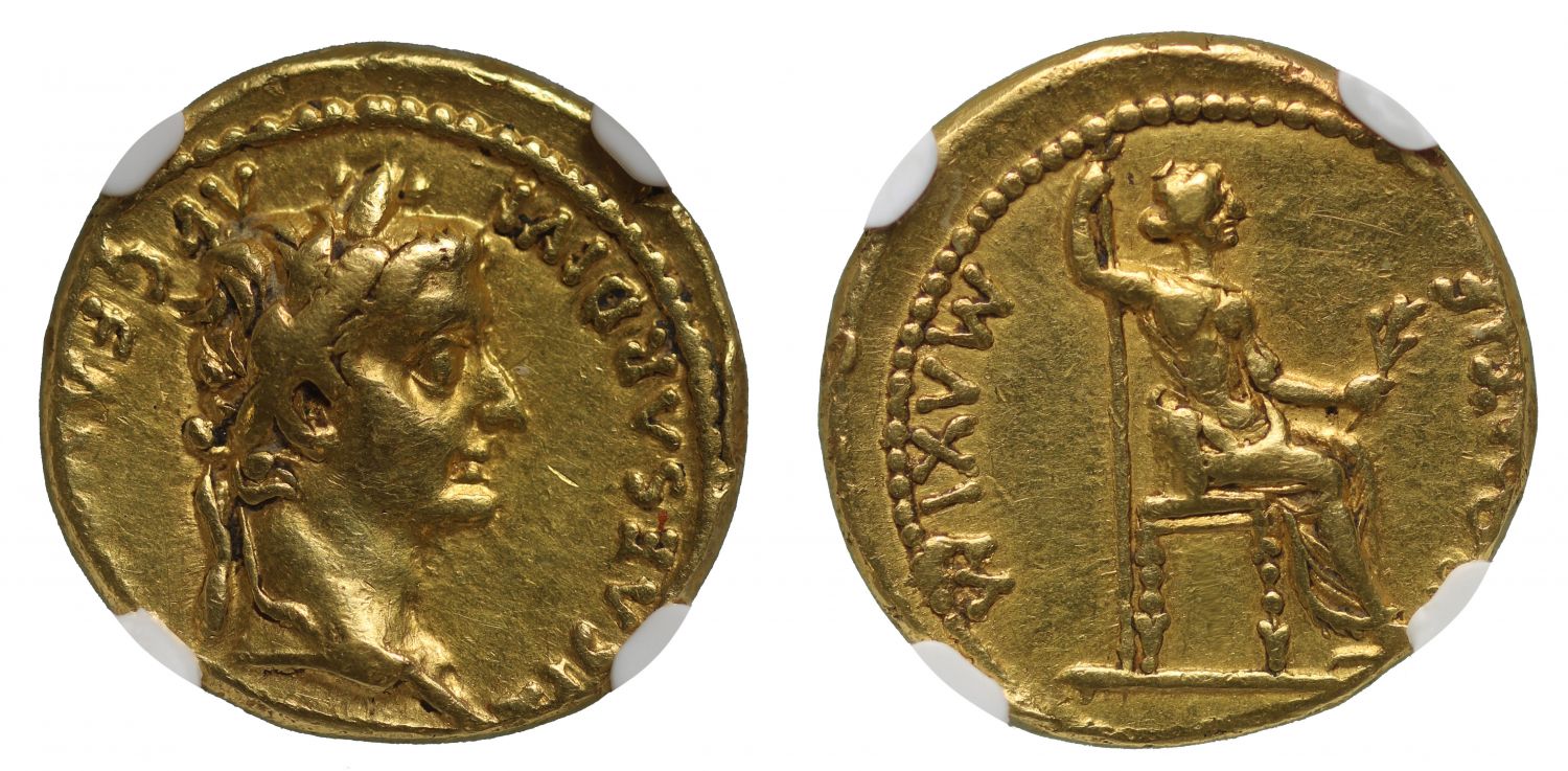 Tiberius, gold Aureus, Lugdunum, Ch VF 4/5 2/5