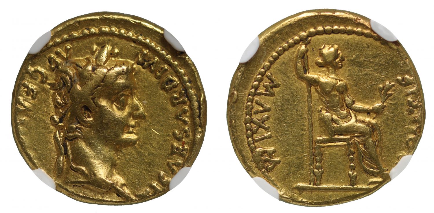 Tiberius, gold Aureus, Lugdunum, NGC Ch VF 4/5 2/5