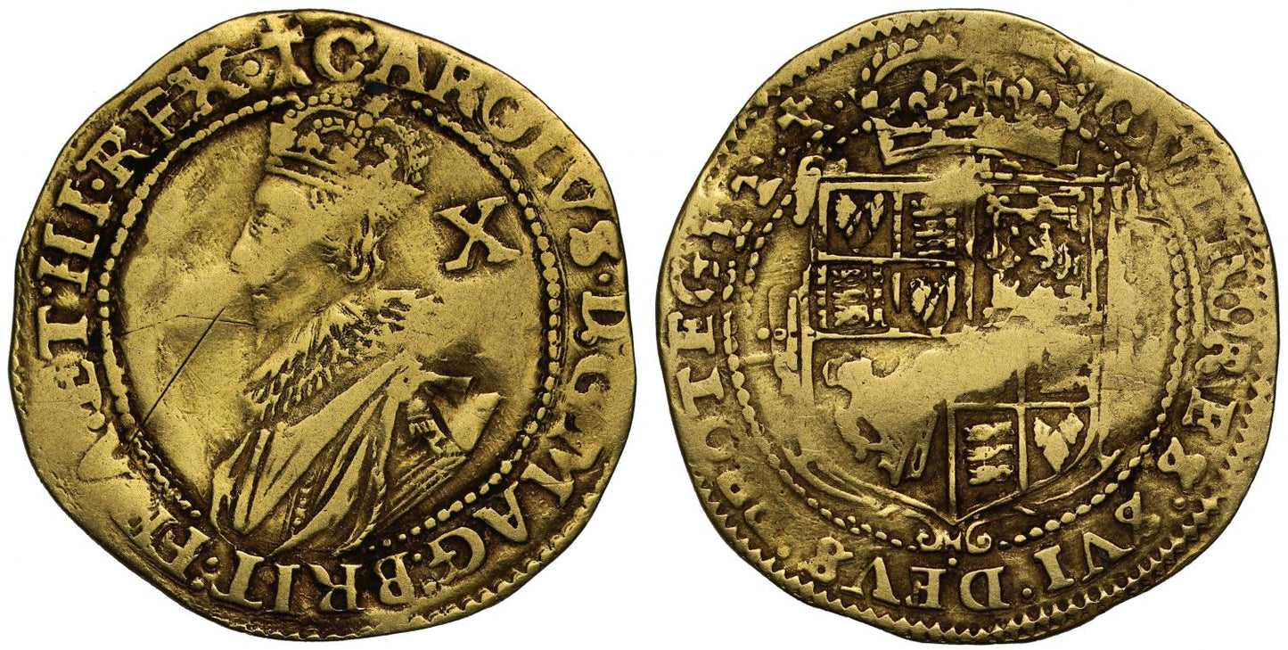 Charles I gold Double Crown, mm cross calvary, second bust, rare
