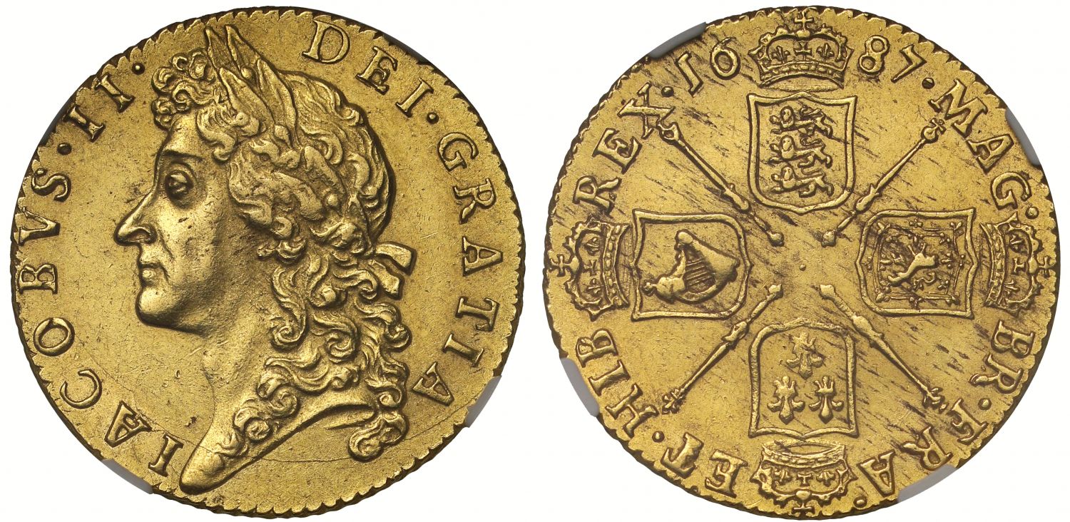 James II 1687 Guinea, second bust, AU58