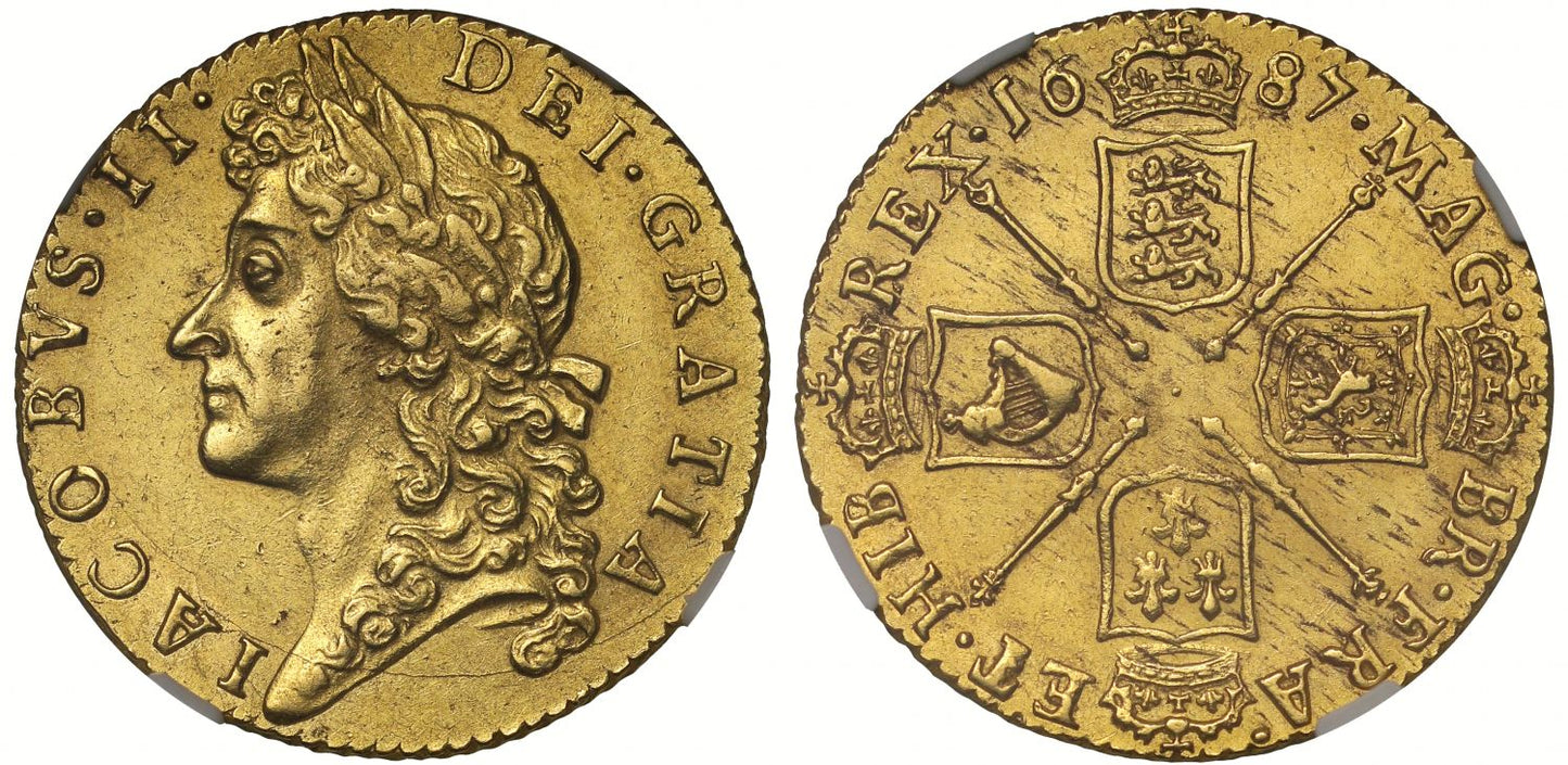James II 1687 Guinea, second bust, AU58