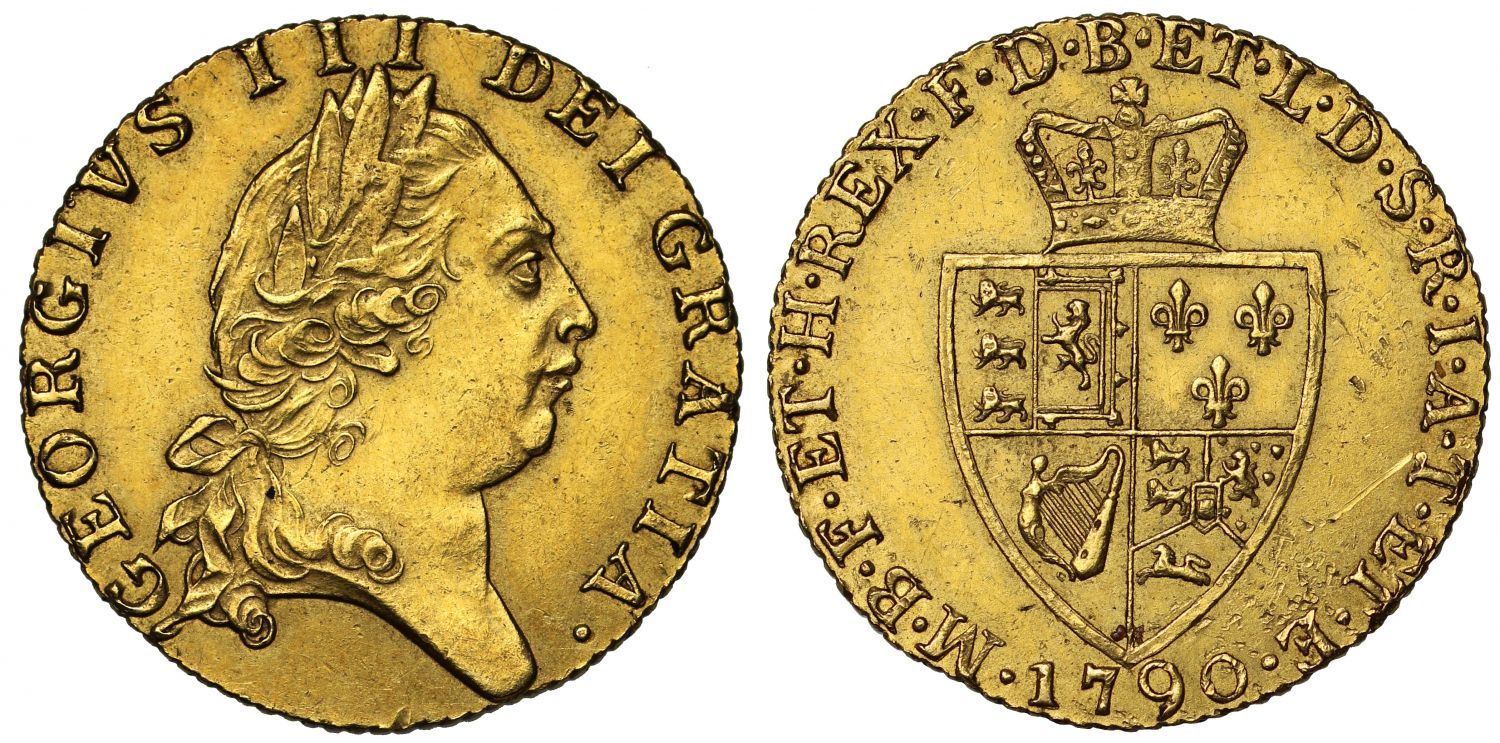 George III 1790 Guinea, fifth bust, spade type shield reverse, scarce date