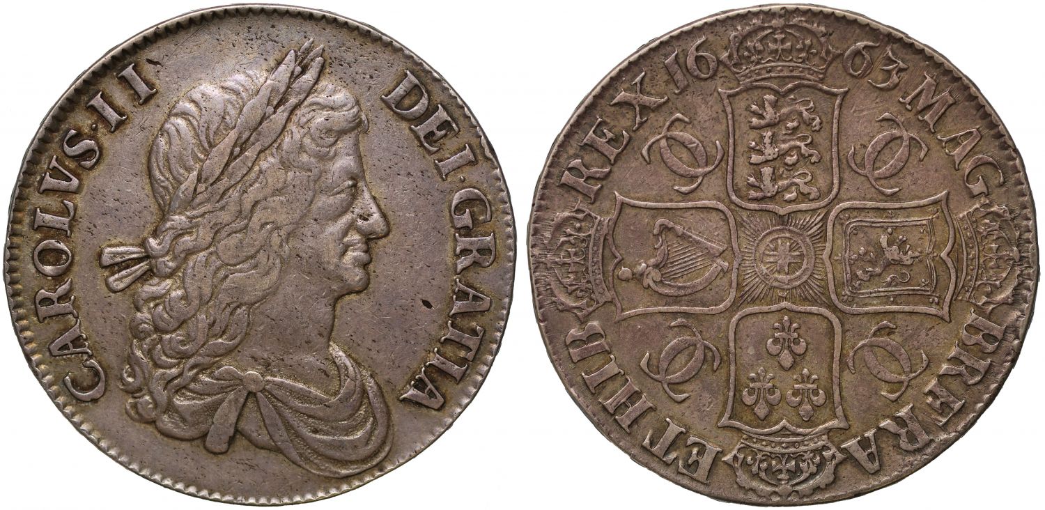 Charles II 1663 Crown, 1st bust, no rose, frosted cloak, no reverse stops, rare