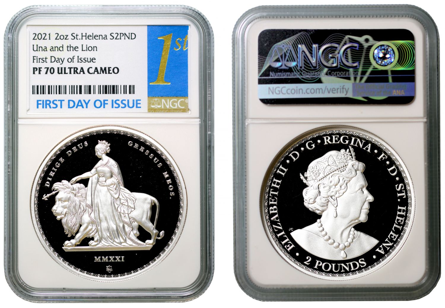 * QEII 2021 EIC 2oz silver Una PF70 First Day