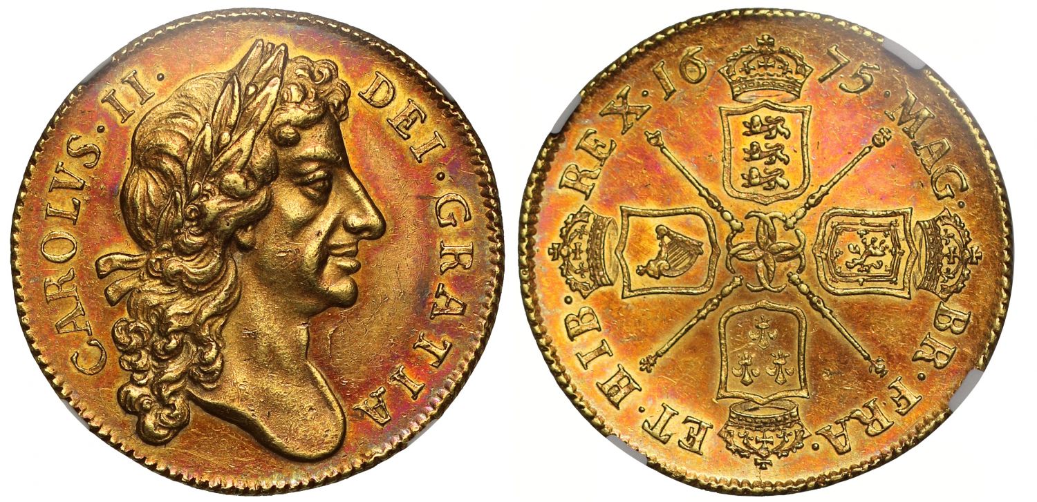 Charles II 1675 Two-Guineas, very rare date, low output, MS62
