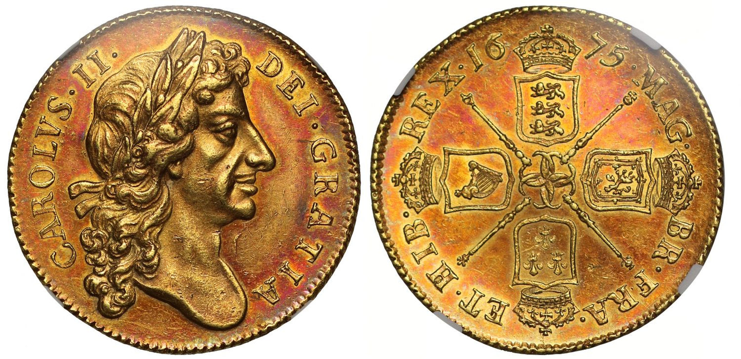 Charles II 1675 Two-Guineas, very rare date, low output, MS62