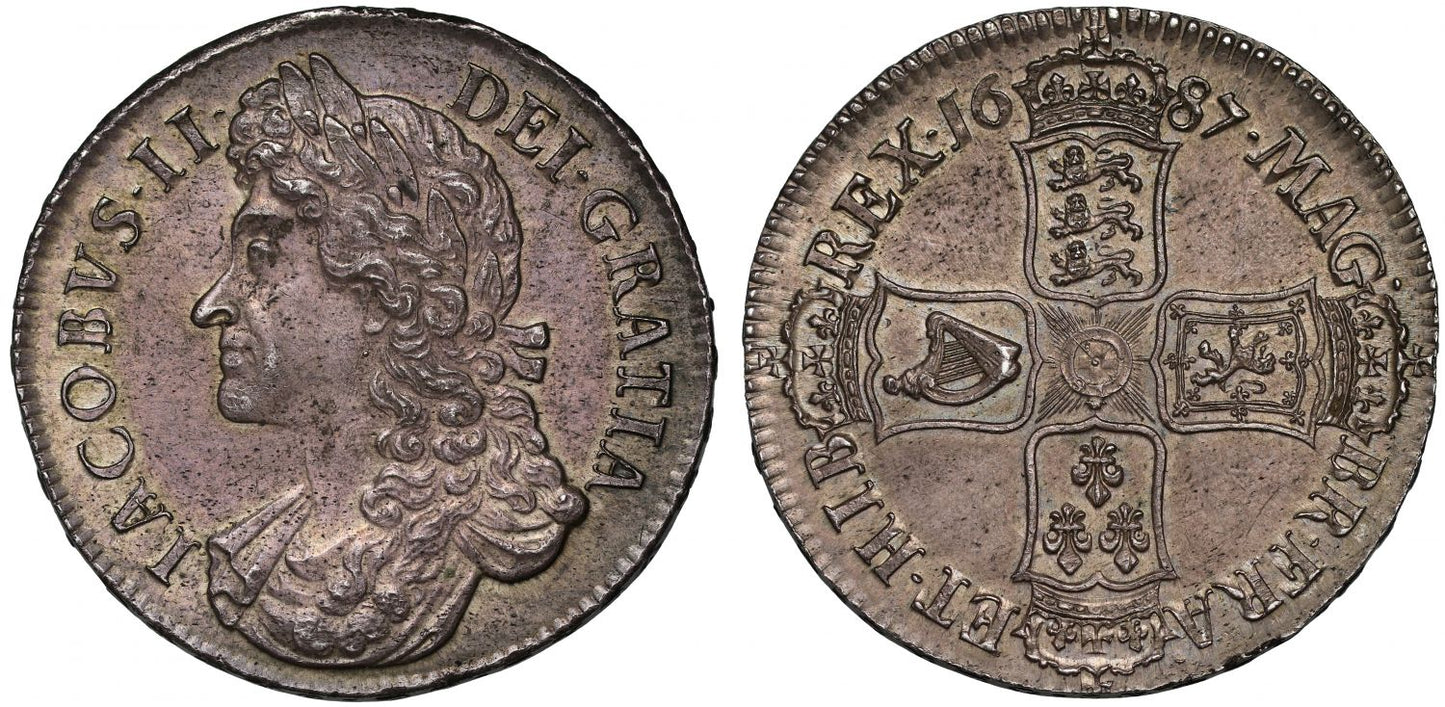 James II 1687 Crown TERTIO, second bust, off-centre die axis MS62