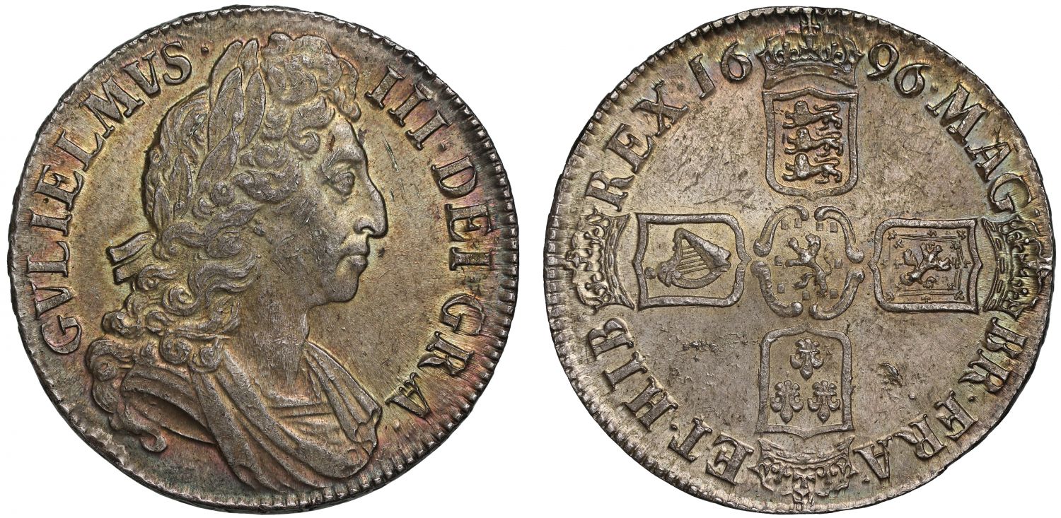 William III 1696 Crown OCTAVO, third bust, attractively toned, MS63