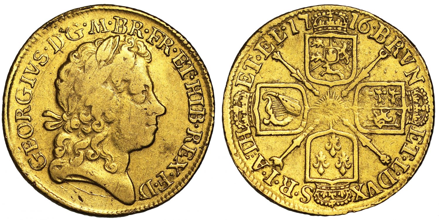 George I 1716 Guinea, fourth head, with Hanover arms at date, extremely rare