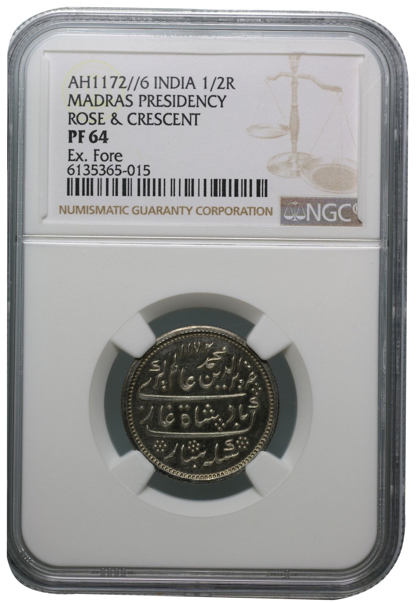 Madras Presidency, Original Proof 1/2-Rupee, Arkot, PF64, ex Fore