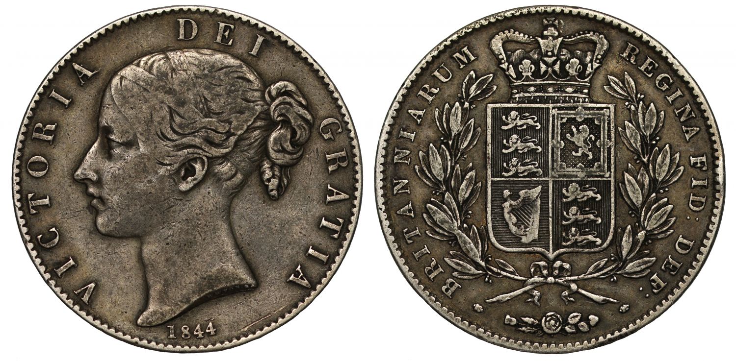 Victoria 1844 Crown, young head, cinquefoil stops on edge