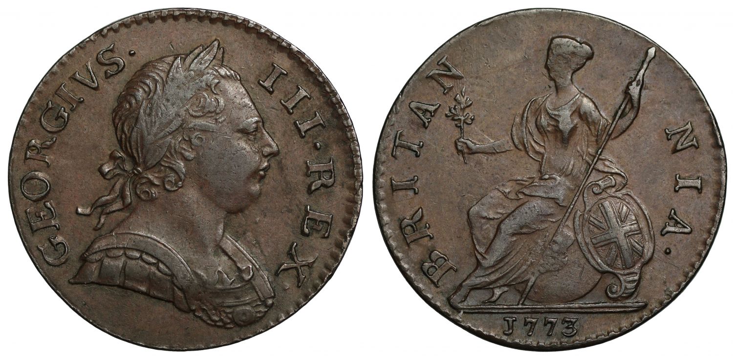 George III 1773 Halfpenny, first issue, first obverse