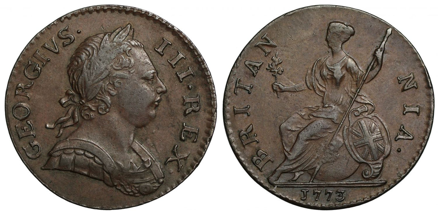 George III 1773 Halfpenny, first issue, first obverse