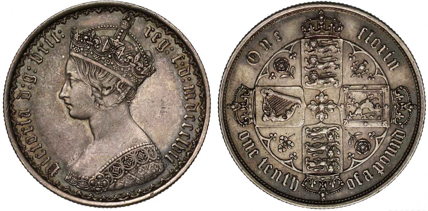 Victoria 1857 Gothic Florin, date in Roman numerals